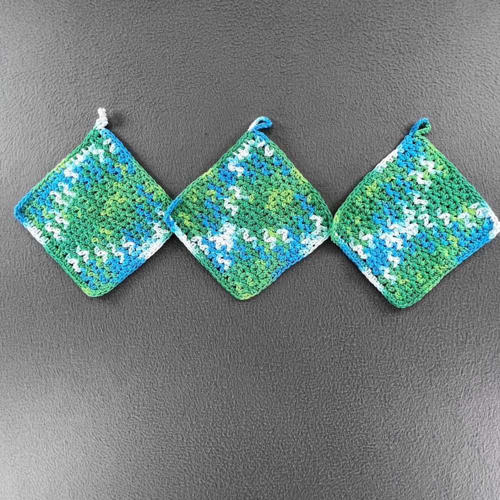 Handmade Dishcloth Cotton Variegated Blue Green 6.5in Cottagecore 3pc Set